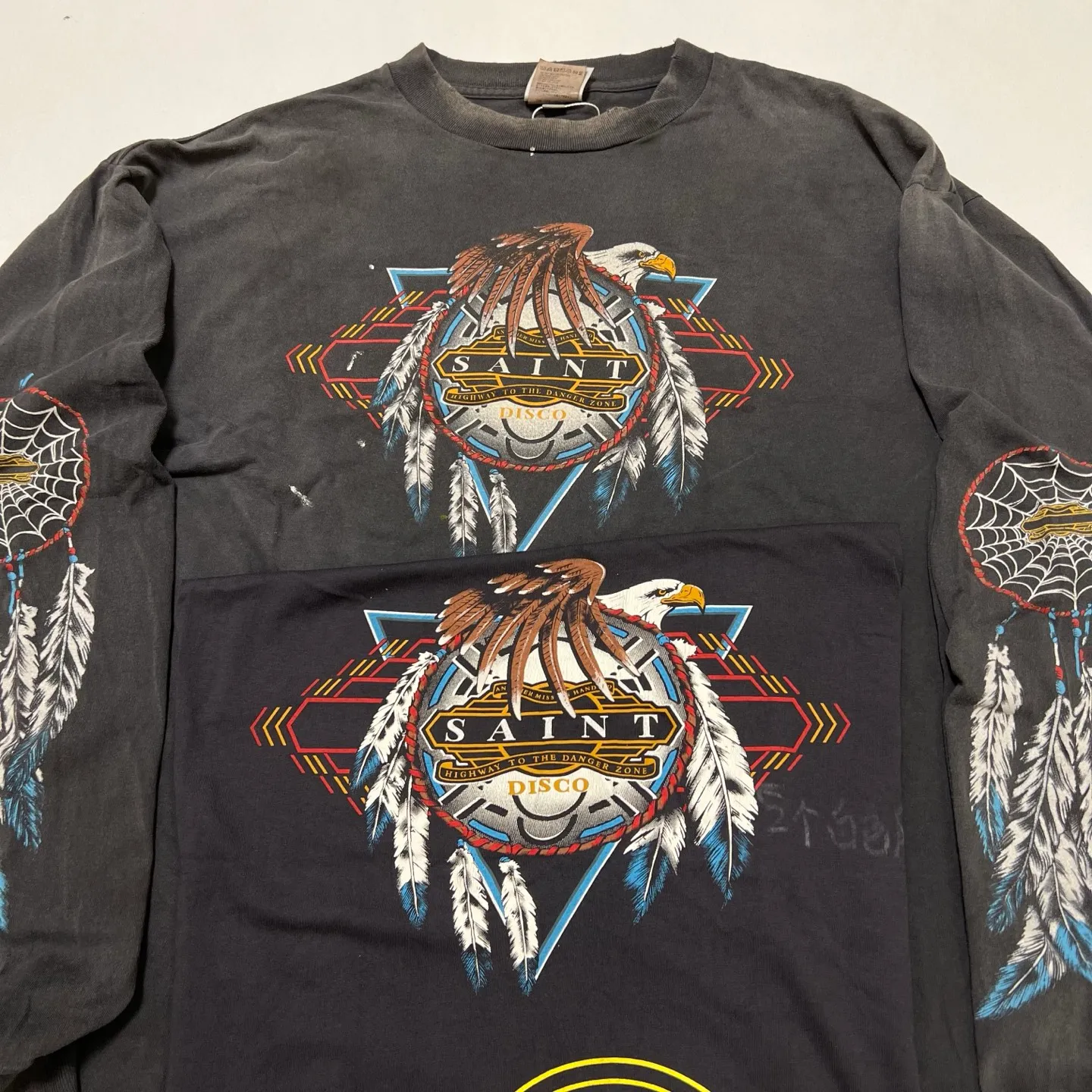 Authentic level printing technology SAINT Mxxxxxx x TEFLON DISCO SAINT DISCO ML_LS TEE/BLK Eagle Feather Spider Web Distressed Long Sleeve S-XL Ready-to-wear Assute dyeing Maliu water spray fading treatment Customized TEFLON DISCO co-branded accessories Hand-splashed ink Wormhole fraying treatment